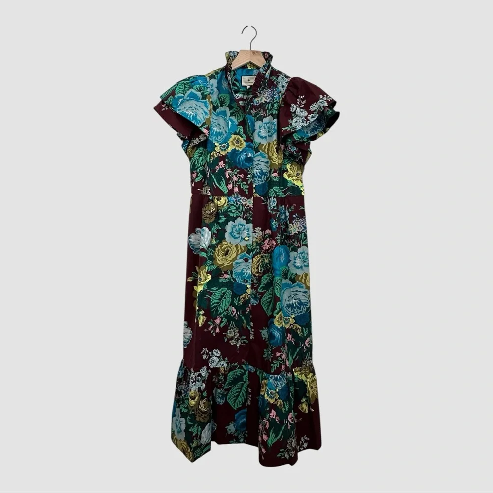 Tuckernuck Women Cotton Oxblood Blue Floral Alice Ruffled Collared Dress Size S - Picture 2 of 14